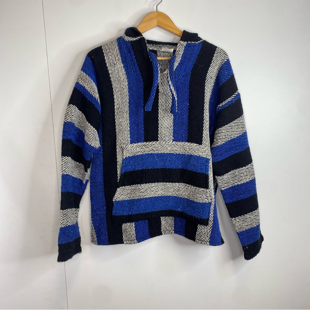 Vintage Artilana Large Blue Striped Poncho Drug Rug Pullover Hoodie Acrylic